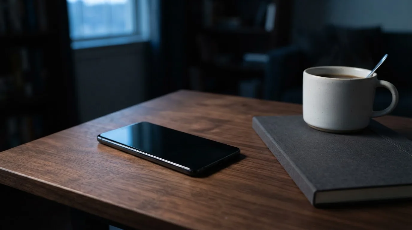 Ein Smartphone liegt mit dunklem Display auf einem Schreibtisch neben einem Notizbuch und einer Kaffeetasse.