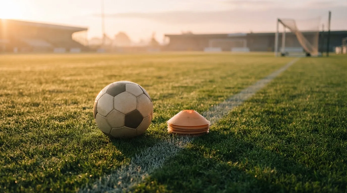 Ein Fußball liegt auf einem Rasenplatz bei Sonnenaufgang, daneben ein kleiner Stapel Trainingshütchen.