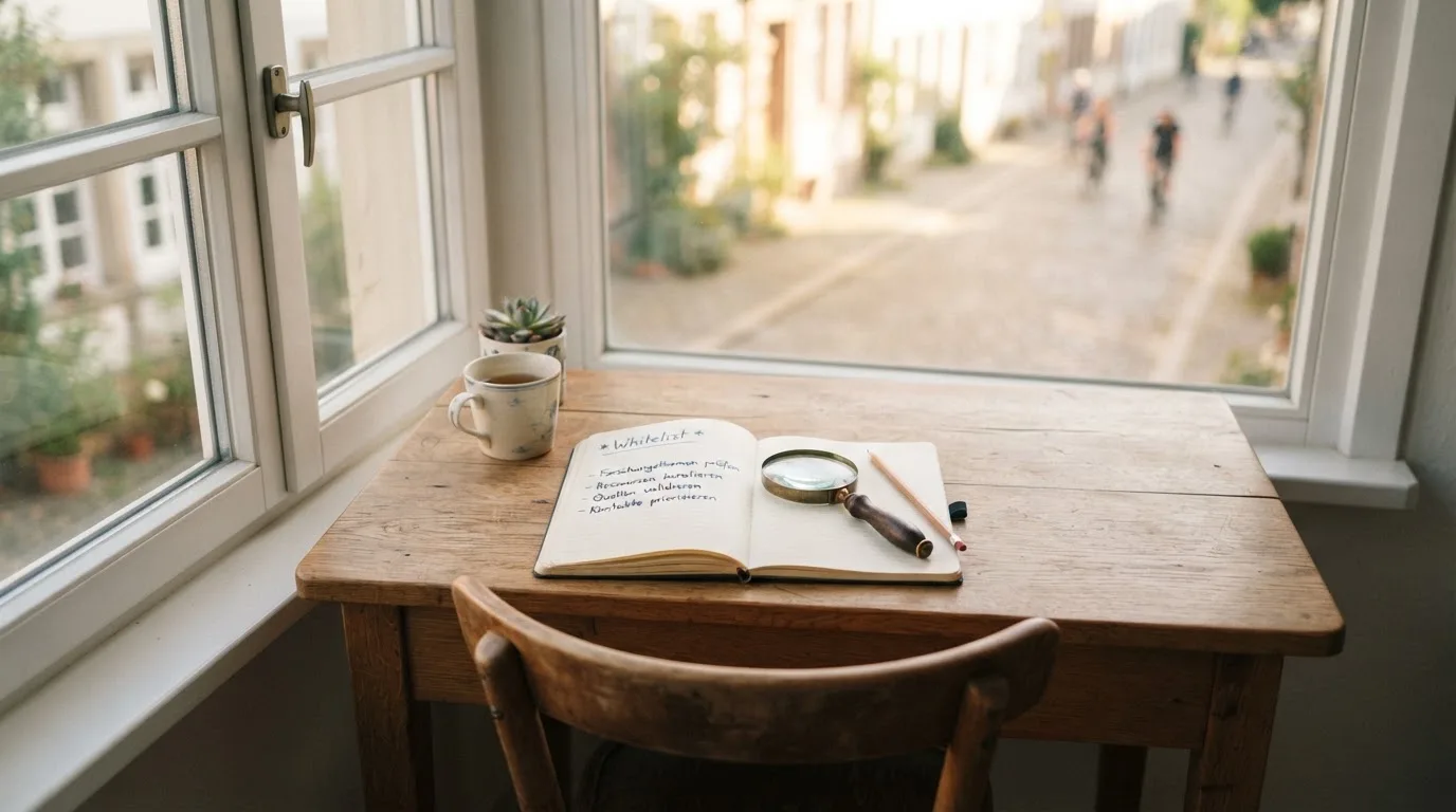 Ein schmaler Schreibtisch am Fenster mit einem Notizbuch, einer Lupe und einem Bleistift im Morgenlicht.