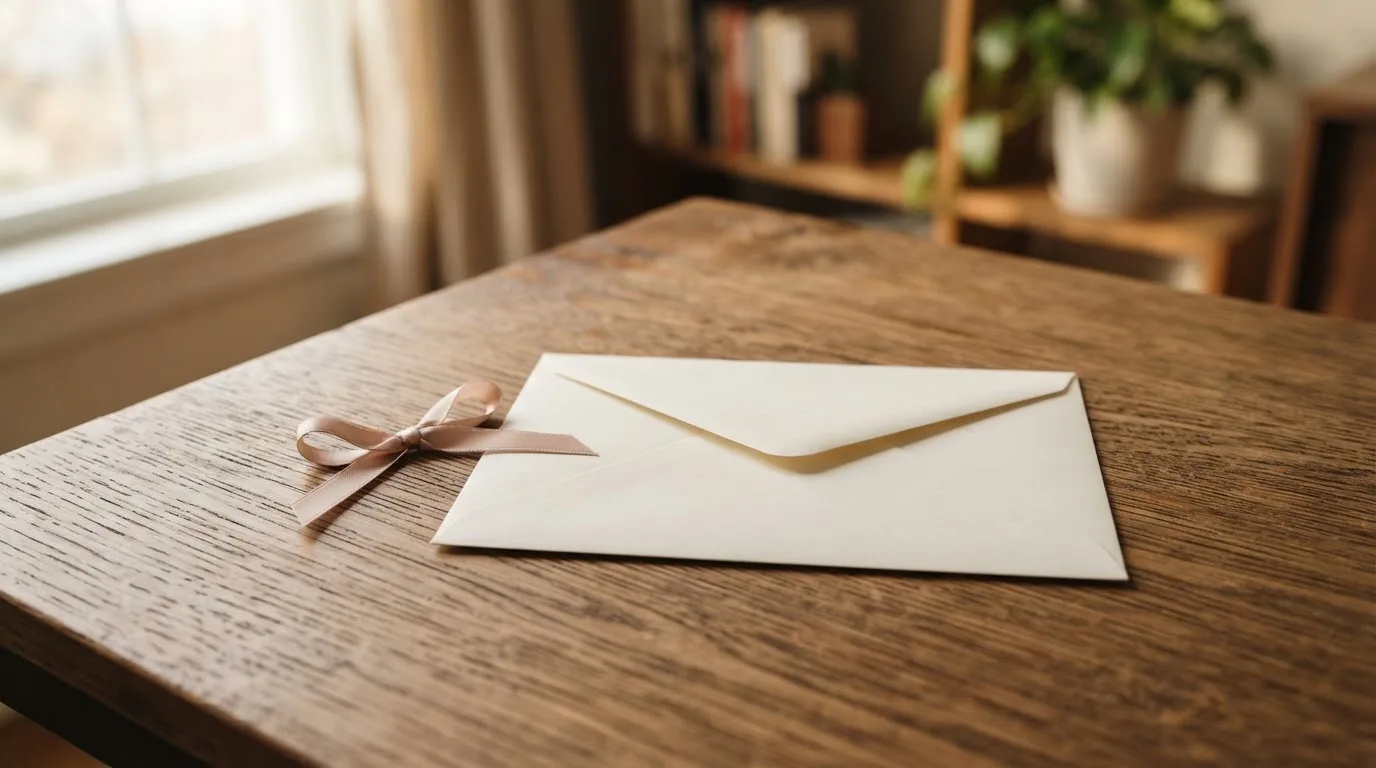 Ein verschlossener Umschlag aus Papier liegt neben einer kleinen Geschenkschleife auf einem Holztisch.
