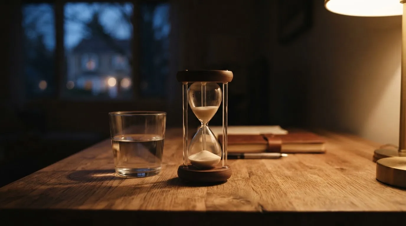 Eine Sanduhr und ein leeres Glas Wasser stehen auf einem Schreibtisch im ruhigen Abendlicht.
