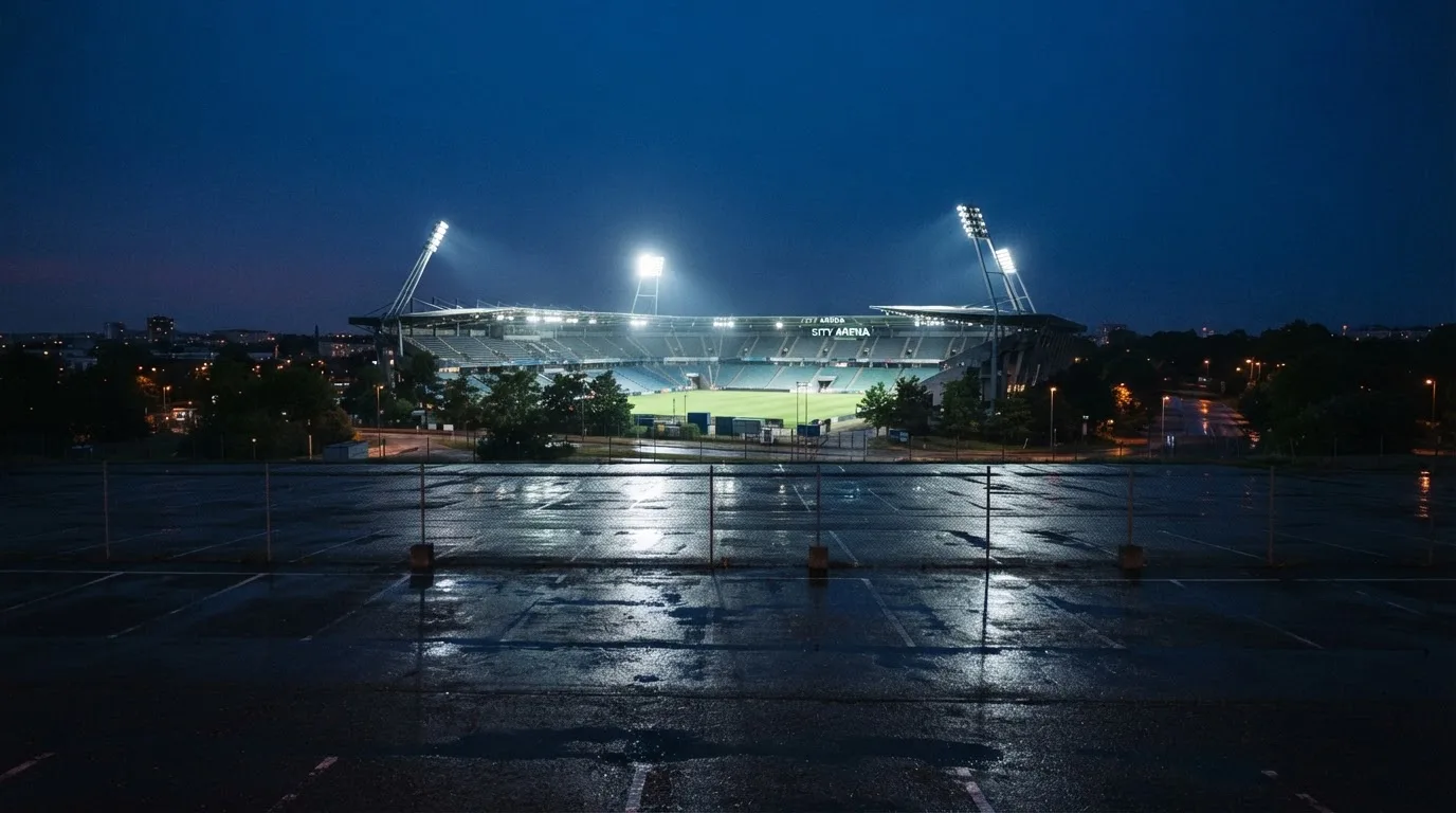Ein Stadion unter Flutlicht aus der Ferne gesehen, davor ein regennasser Parkplatz in der Dämmerung.