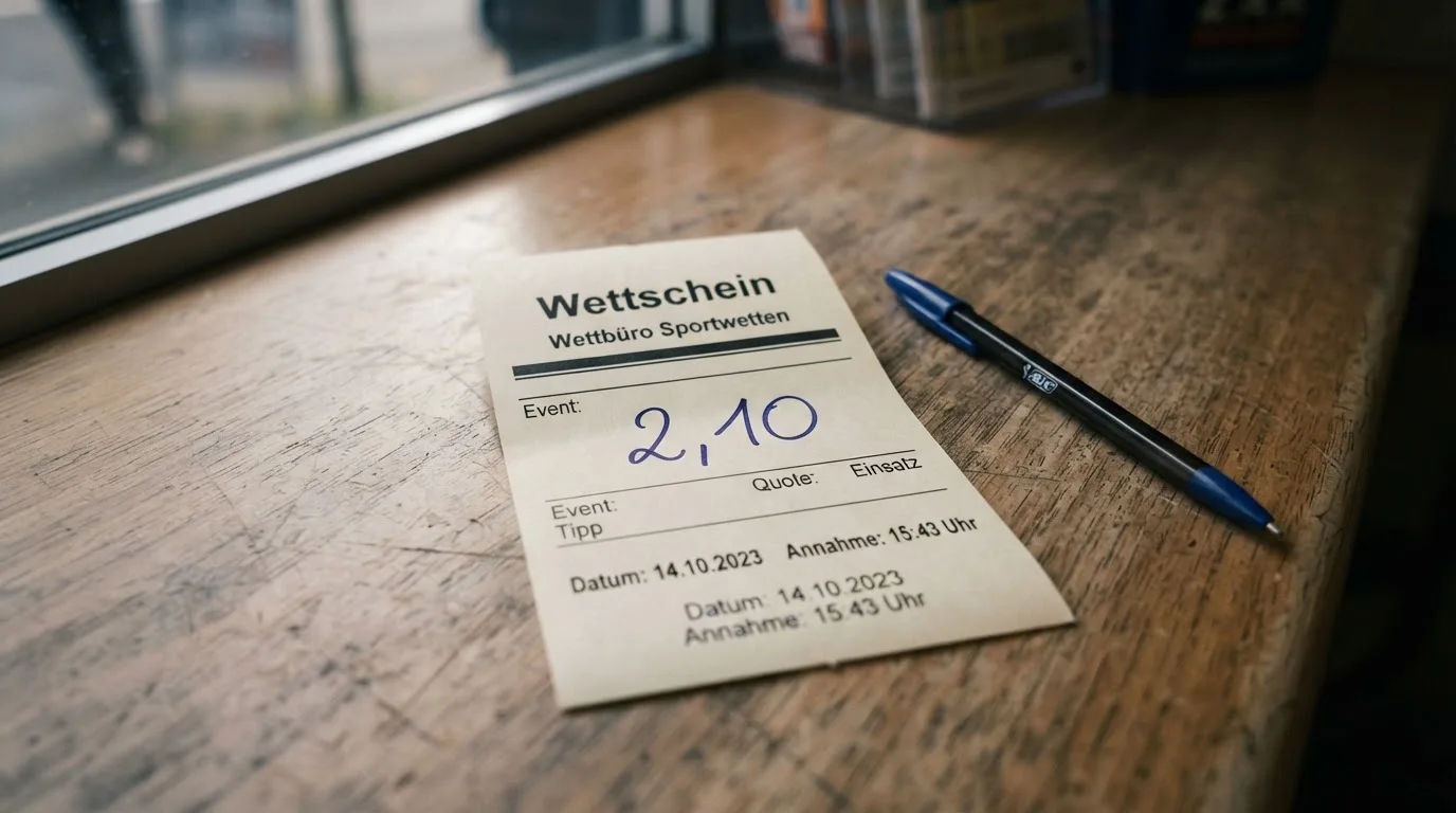 Ein leerer Papier-Wettschein liegt neben einem Kugelschreiber auf einer Theke, ohne lesbaren Aufdruck.