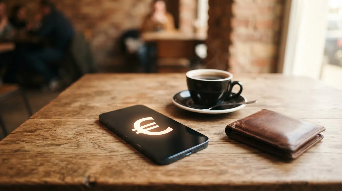 Eine geöffnete Lederbörse und ein kleiner Stapel Münzen liegen auf einem Tisch neben einer Kaffeetasse.