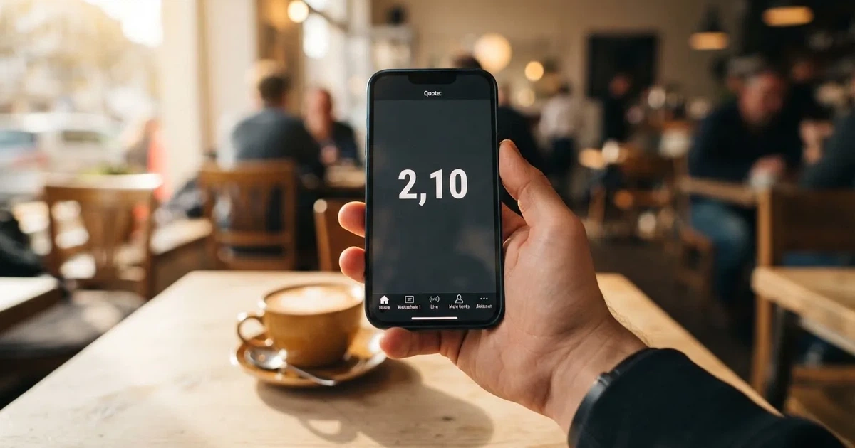 Eine Hand hält ein Smartphone mit dunklem Display, im Hintergrund unscharf ein Café-Tisch mit einer Tasse.