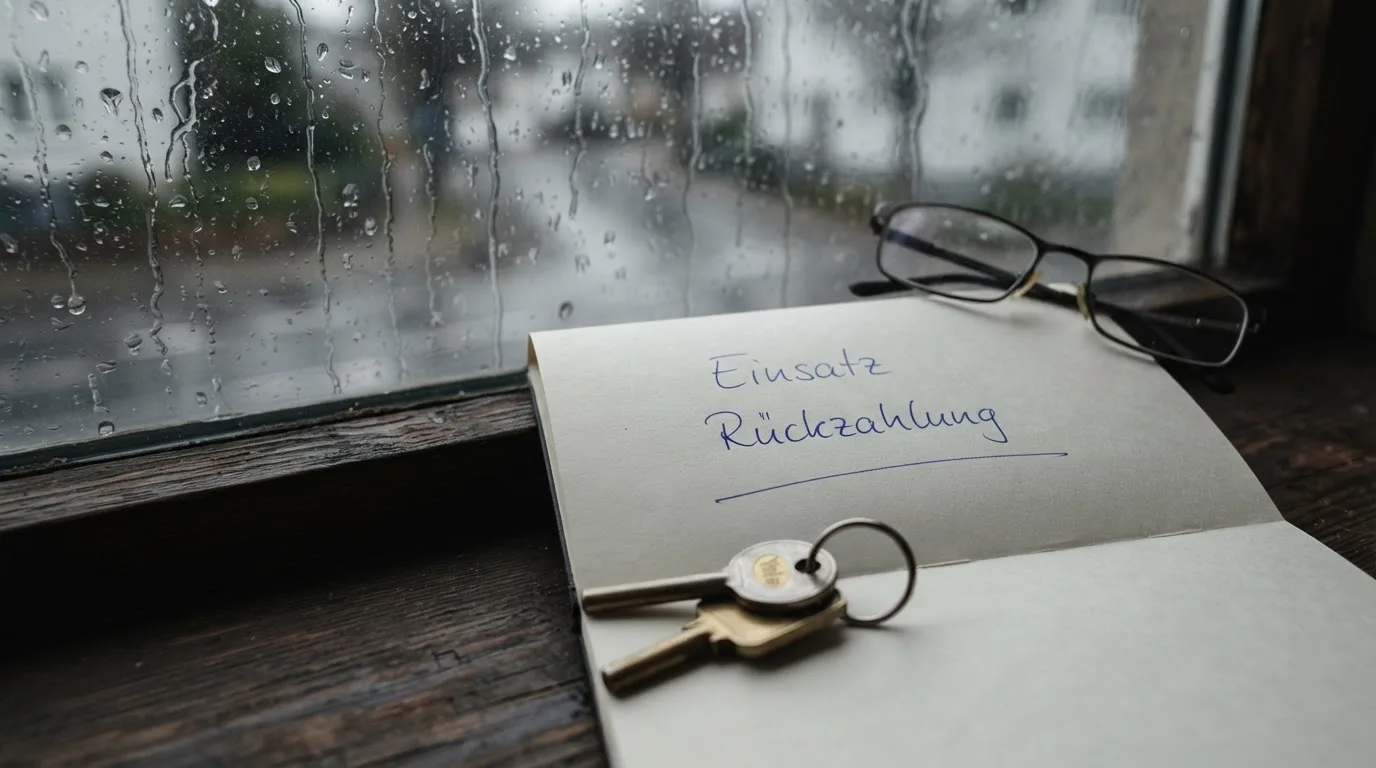 Ein Schlüsselbund und eine Brille liegen auf einem leeren Block neben einem Fenster mit Regentropfen.