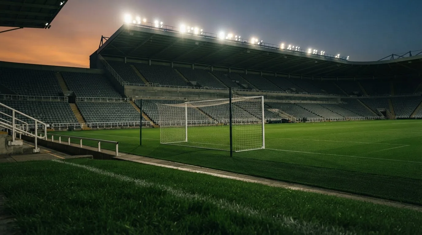 Eine leere Stadiontribüne unter Flutlicht aus der Ferne betrachtet, die Rasenfläche leuchtet grün in der Dämmerung.