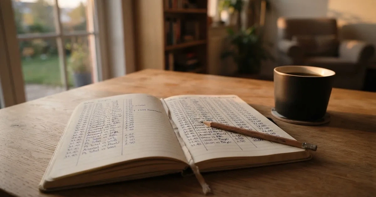 Handschriftliche Zahlenkolonnen in einem Notizbuch, daneben ein Bleistift und eine Tasse Kaffee auf hellem Holz.