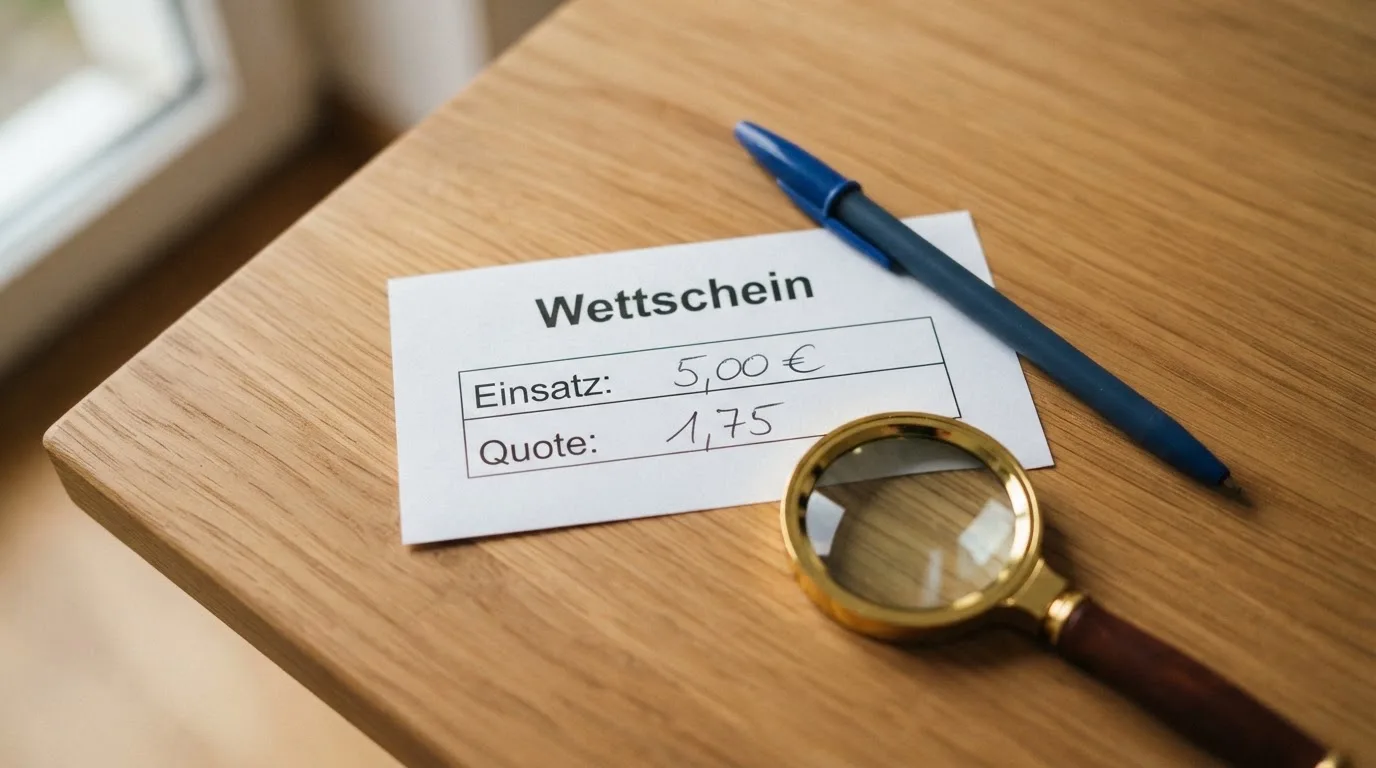 Ein leerer Wettschein aus Papier und ein Kugelschreiber liegen auf einem Schreibtisch neben einer Lupe.