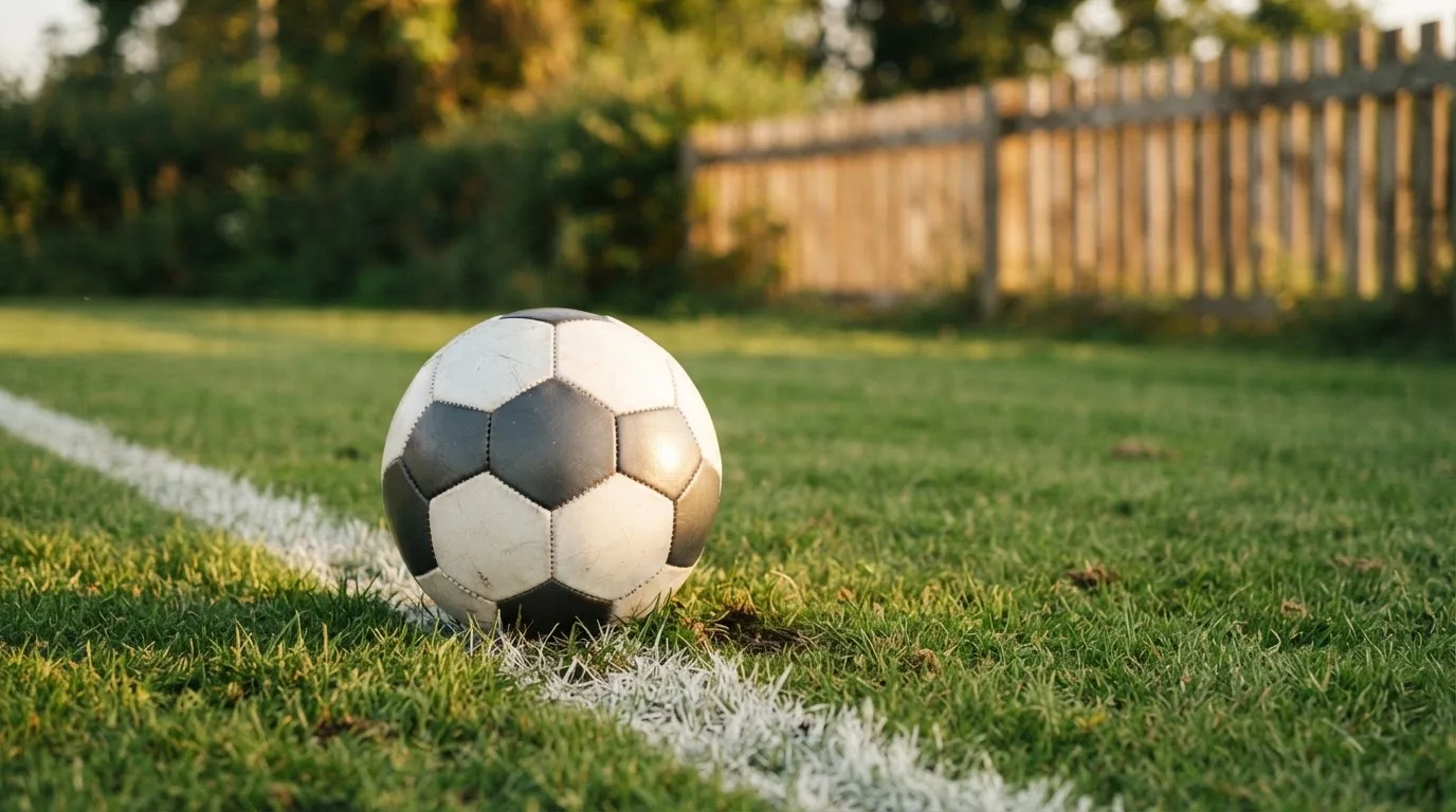 Ein Fußball liegt am Rand eines Rasens neben einer weißen Linie, im Hintergrund ein Zaun in der Abendsonne.