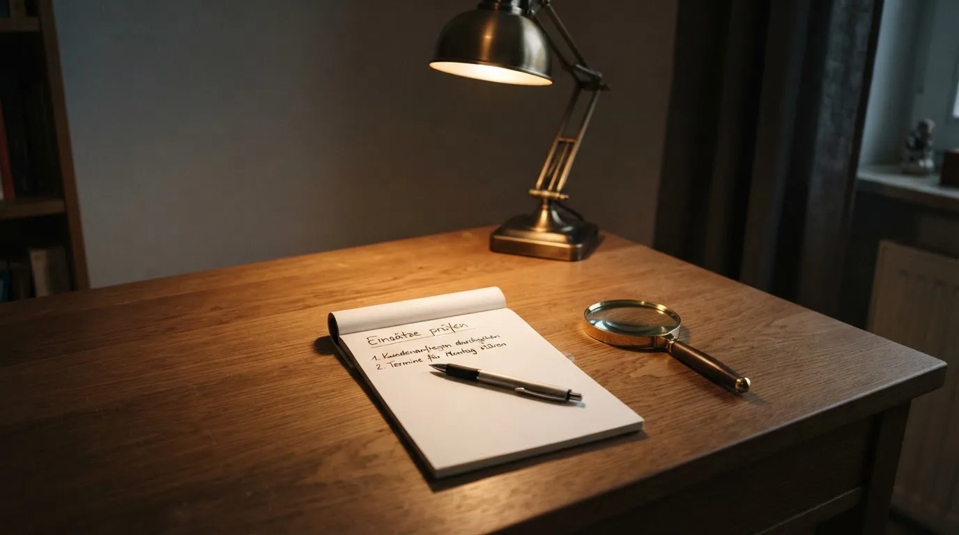 Ein Schreibtisch mit Lupe, Kugelschreiber und einem leeren Notizblock unter einer Lampe in einem ruhigen Raum.