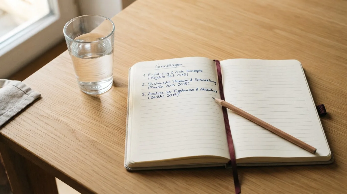 Ein Notizbuch und ein Bleistift liegen neben einem Glas Wasser auf einem hellen Tisch.