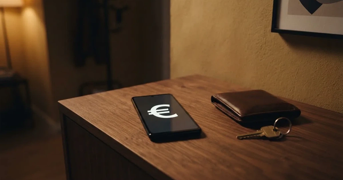 Ein Smartphone mit dunklem Display liegt neben einer Geldbörse und einem Schlüssel auf einem Tisch.