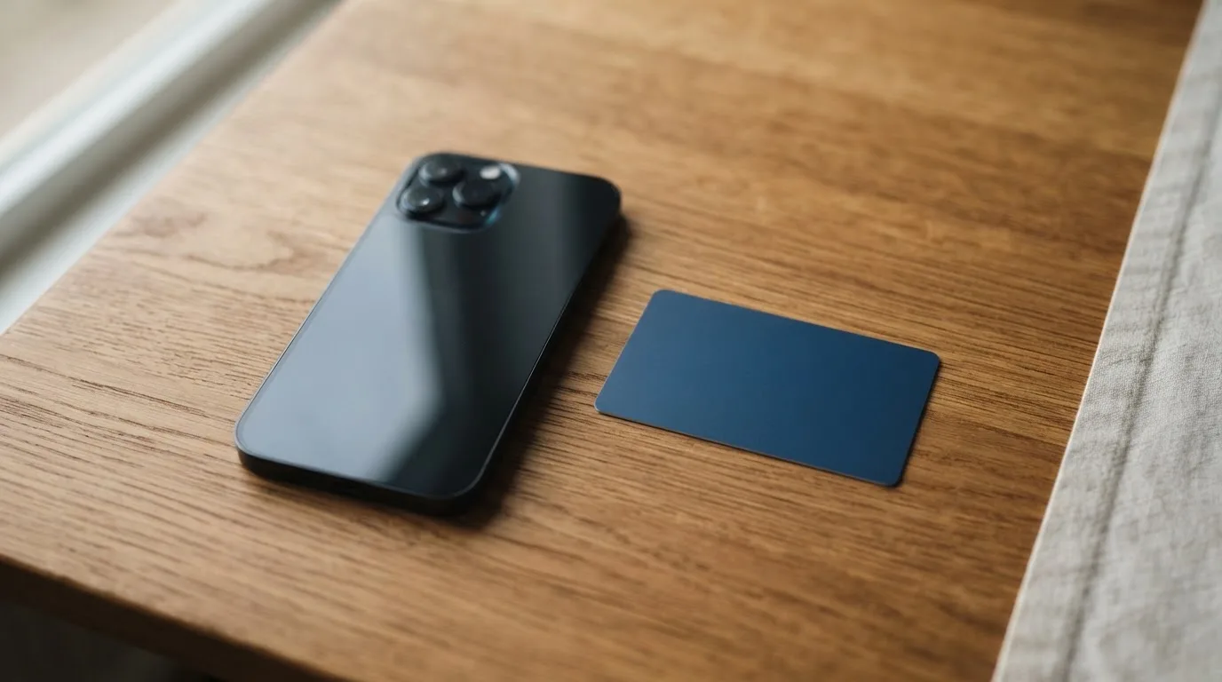 Eine Bankkarte ohne Aufdruck liegt neben einem Smartphone mit dunklem Display auf einem Holztisch.