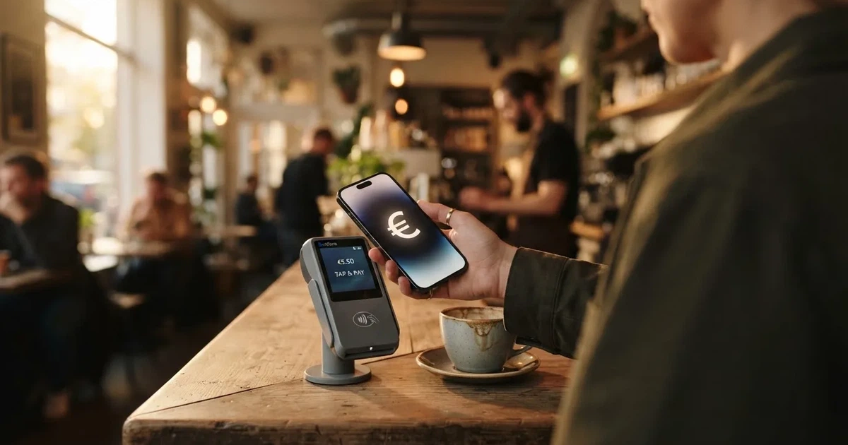 Eine Hand hält ein Smartphone dicht an ein Kartenlesegerät ohne erkennbare Beschriftung in einem Café.