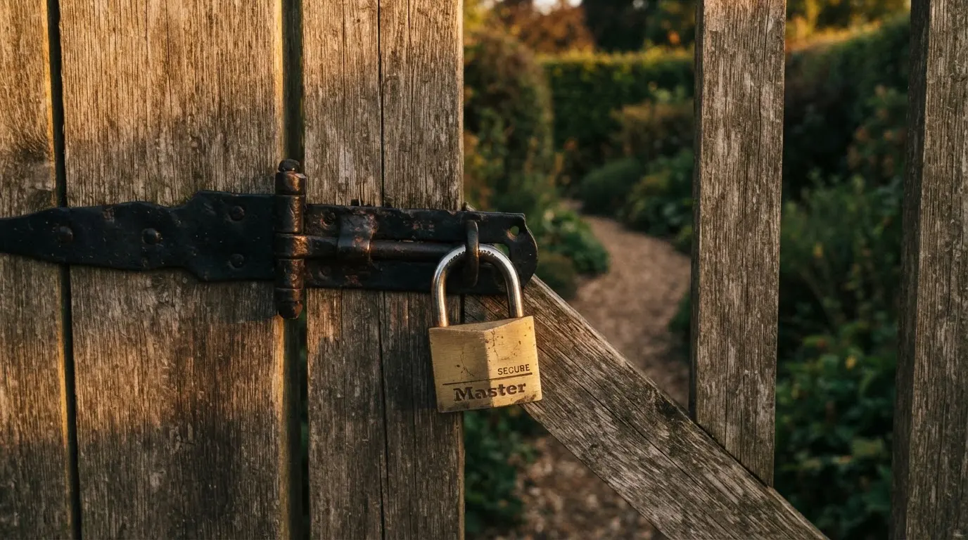 Ein Vorhängeschloss hängt an einem Gartentor im Abendlicht, dahinter ein unscharfer Weg.