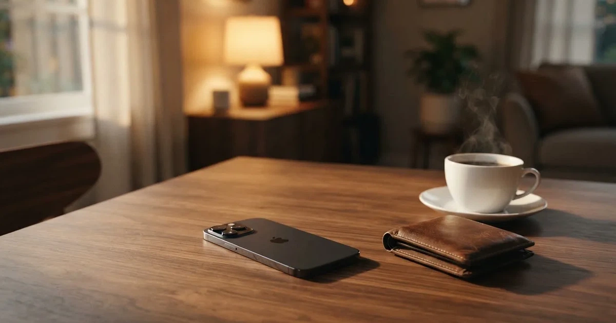 Ein Smartphone mit dunklem Display liegt auf einem Tisch neben einer Geldbörse und einer Tasse Kaffee.