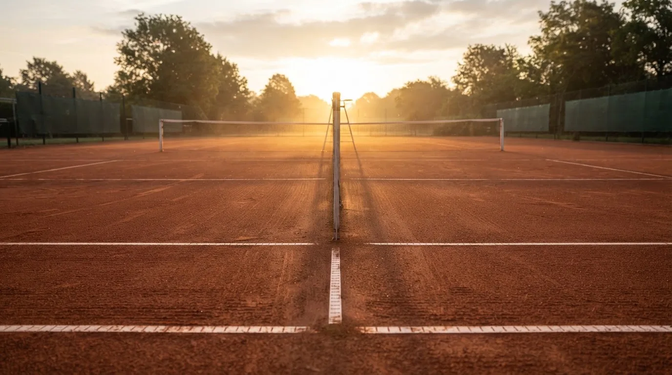 Ein Tennisplatz aus Sand bei Sonnenaufgang, das Netz im Gegenlicht, kein Mensch zu sehen.