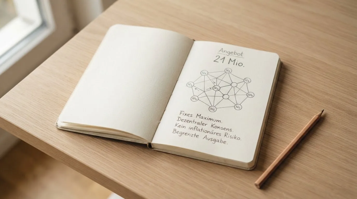 Ein Notizbuch mit handgezeichneten Knoten und Linien liegt neben einem Bleistift auf einem Schreibtisch.