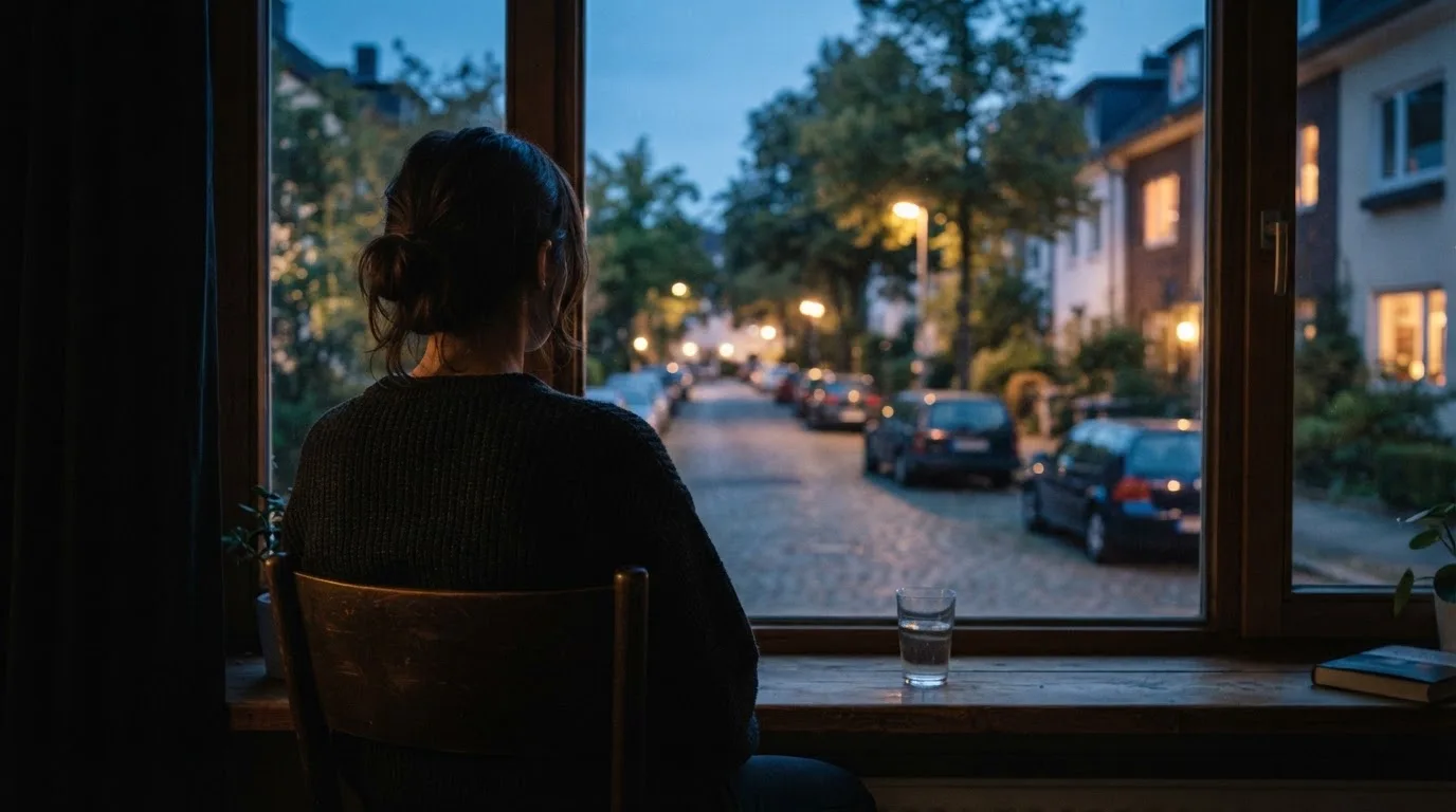 Die Silhouette einer Person sitzt am Abend am Fenster und blickt auf eine Straße, auf dem Fensterbrett steht ein Glas Wasser.