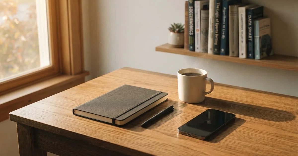 Ein Holzschreibtisch im Morgenlicht mit geschlossenem Notizbuch, Kugelschreiber und Kaffeetasse, daneben ein Smartphone mit dunklem Bildschirm.