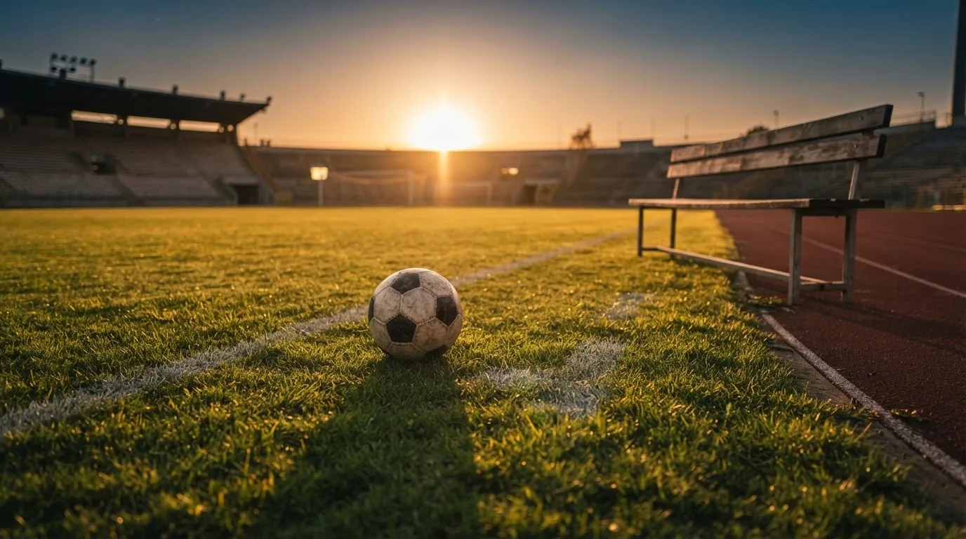 Ein Fußball auf einem Rasenplatz im Gegenlicht der tiefstehenden Sonne, am Spielfeldrand eine leere Ersatzbank.