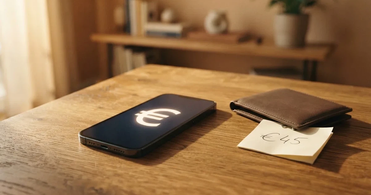 Ein Smartphone mit dunklem Bildschirm liegt neben einer Geldbörse und wenigen Münzen auf einem Holztisch im weichen Fensterlicht.