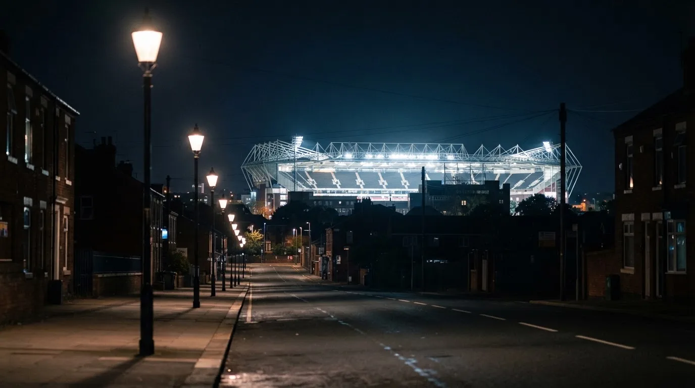 Ein Stadion unter Flutlicht aus der Ferne gesehen, davor eine dunkle Straße mit Laternen und ohne Menschen.