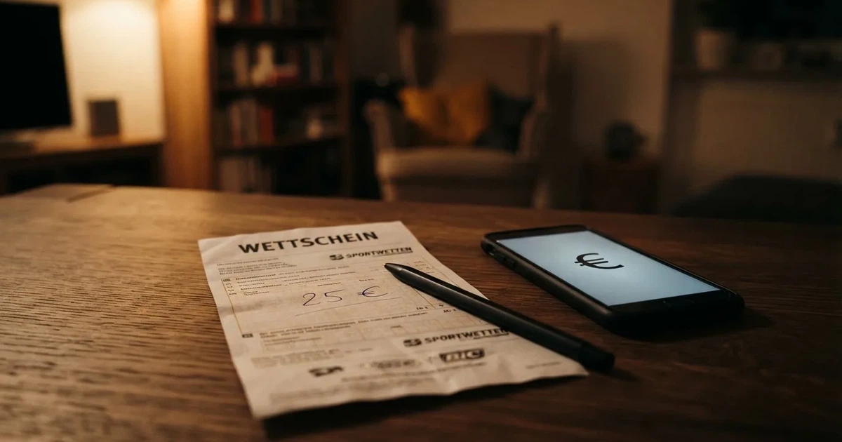 Ein leerer Papier-Wettschein und ein Kugelschreiber liegen auf einem Tisch, daneben ein kleiner Stapel Münzen.
