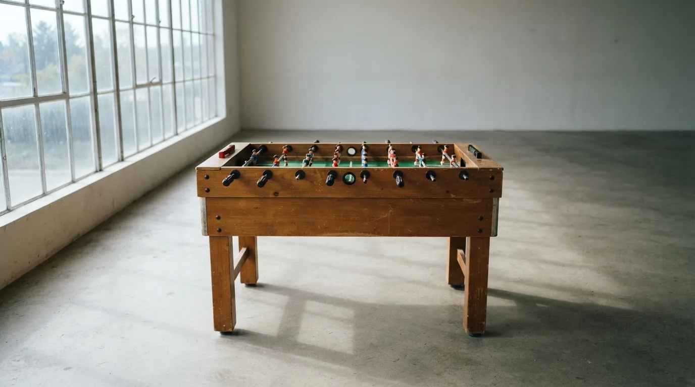 Ein Tischkicker in einem leeren Raum, die Spielfiguren in Reihe, Tageslicht fällt durch ein großes Fenster.