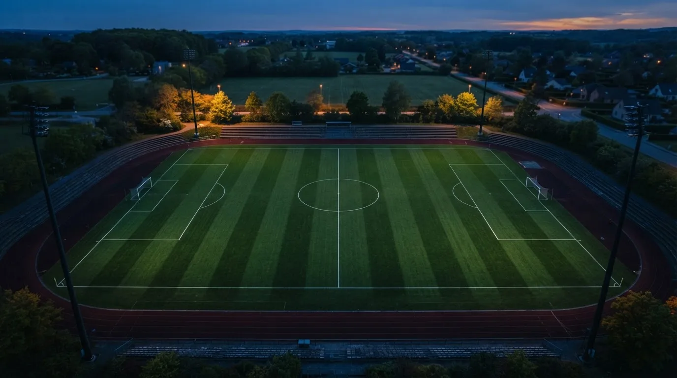 Ein Fußballplatz am Abend aus der Vogelperspektive, Flutlichtmasten ausgeschaltet, die Rasenlinien deutlich sichtbar.