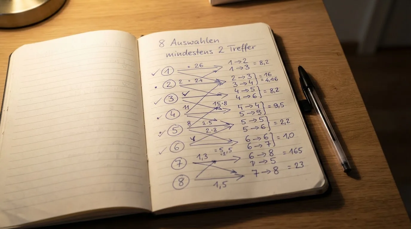Ein Notizbuch mit handgezeichneten Pfeilen und Kreisen liegt neben einem Kugelschreiber auf einem Schreibtisch im Abendlicht.