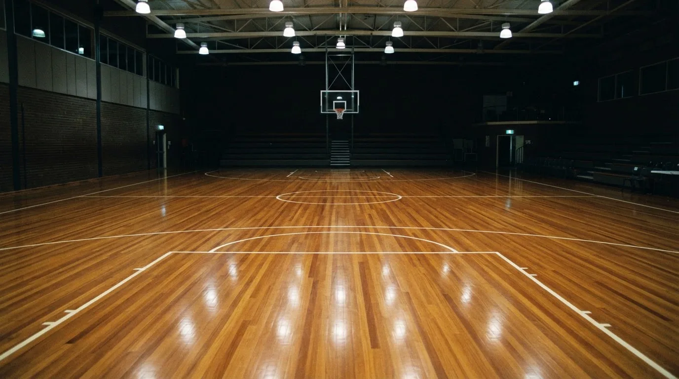 Ein Basketballfeld in einer leeren Halle, das Parkett spiegelt das Licht der Deckenlampen.