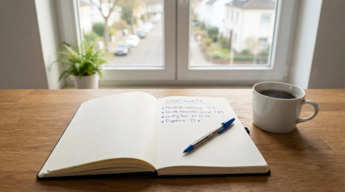 Eine Tasse Kaffee, ein Kugelschreiber und ein aufgeschlagenes leeres Notizbuch auf einem Küchentisch am Fenster.
