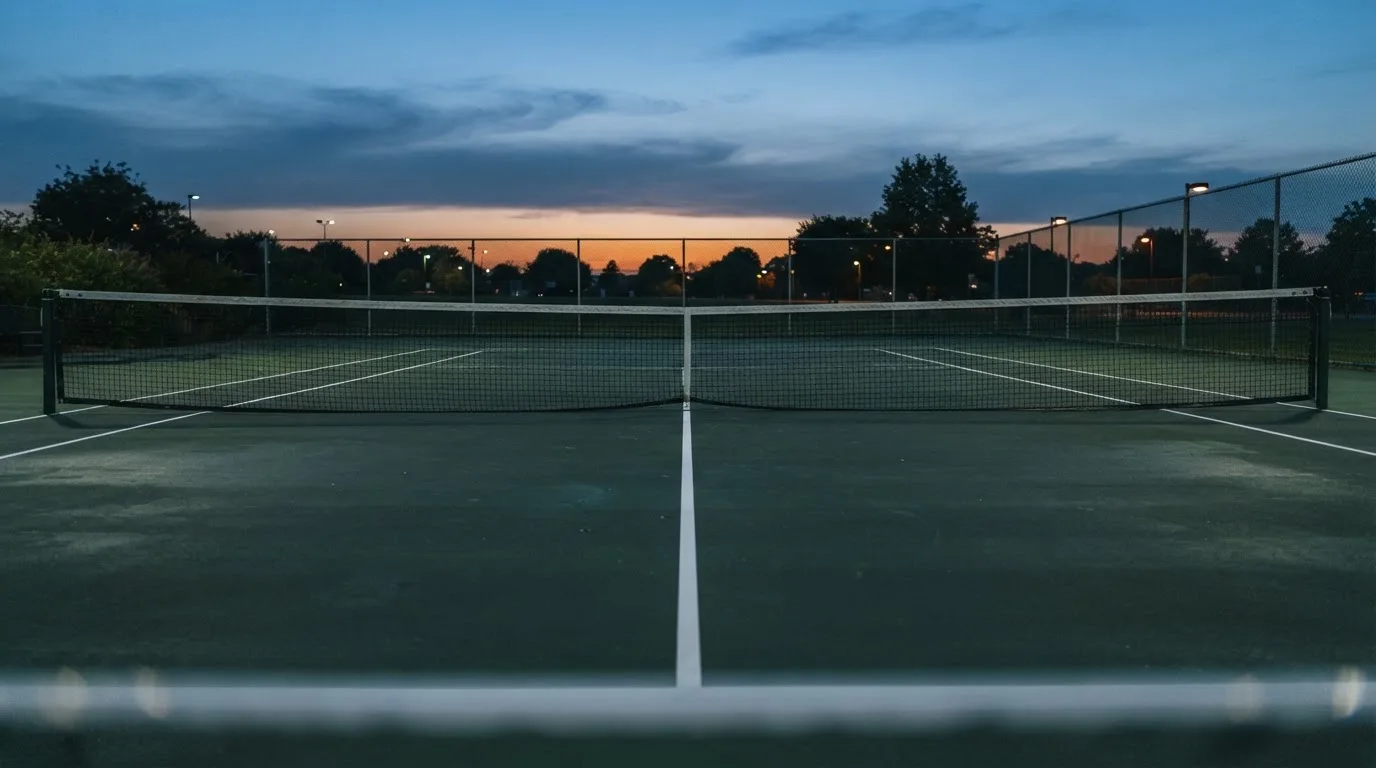 Ein Tennisplatz in der Dämmerung, Netz und Linien im Zwielicht, ohne Menschen und mit ruhigem Himmel.
