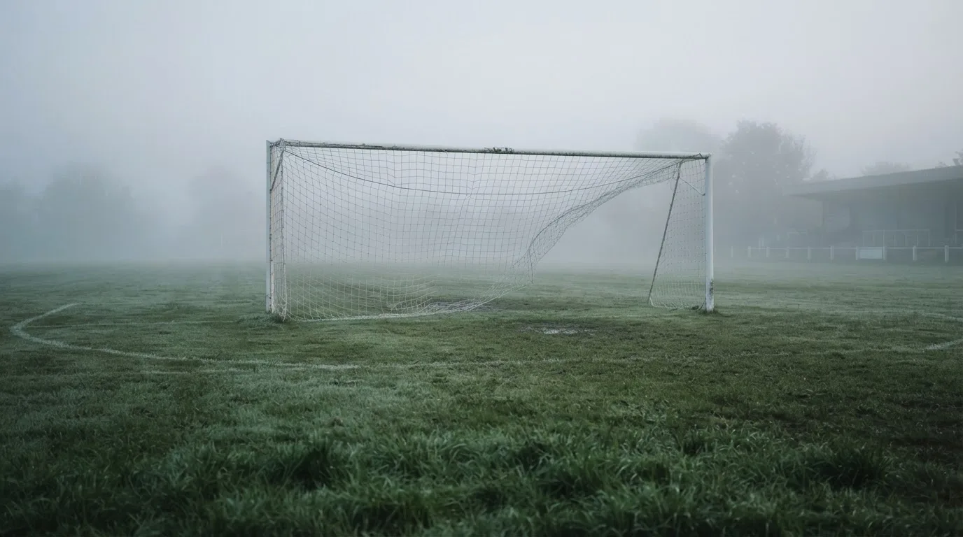 Ein Fußballtor mit Netz im Morgennebel auf einem leeren Platz, die Linien nur schwach zu erkennen.