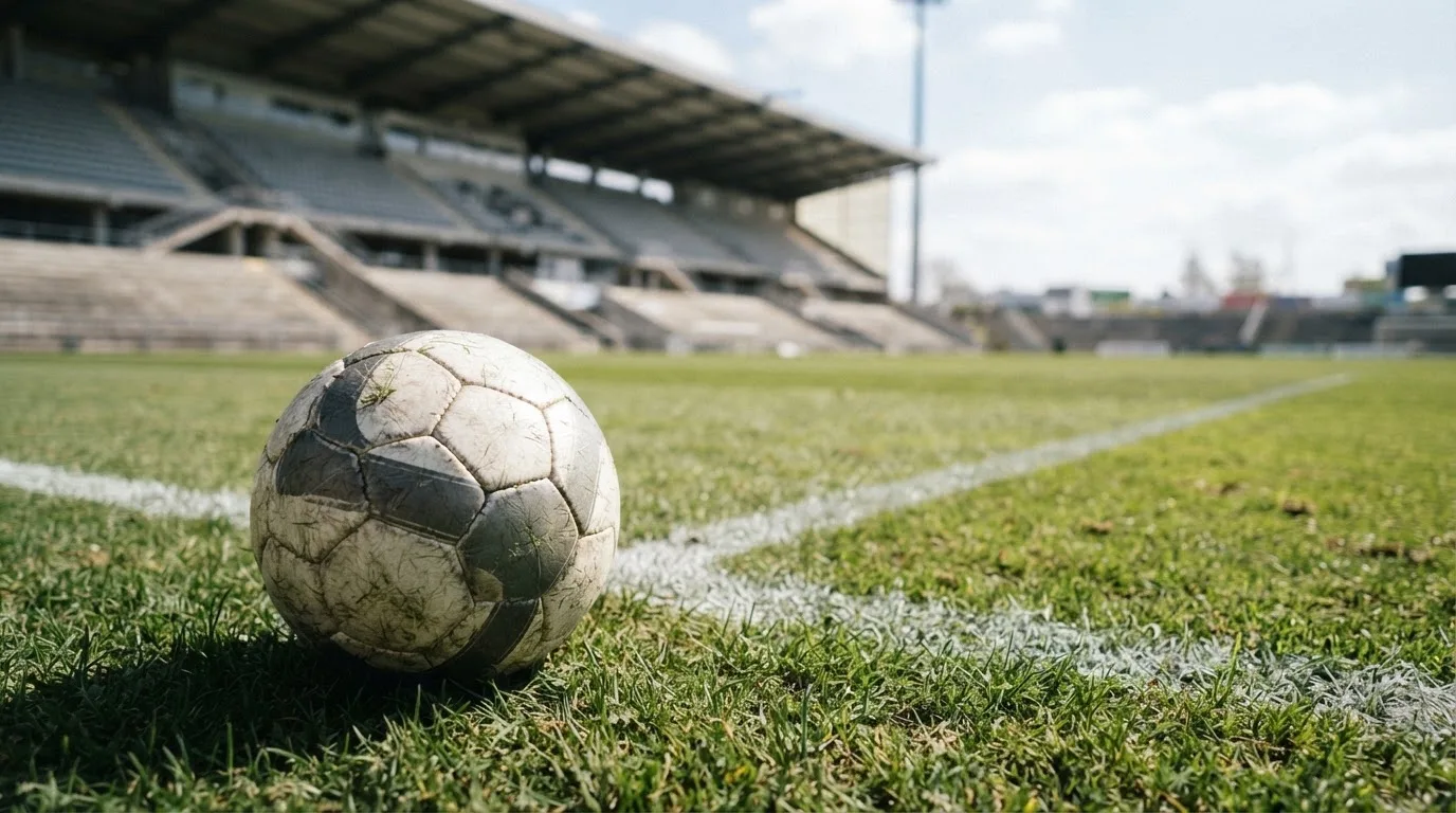 Ein Fußball liegt am Spielfeldrand eines Rasenplatzes, im Hintergrund eine leere Tribüne unter hellem Himmel.