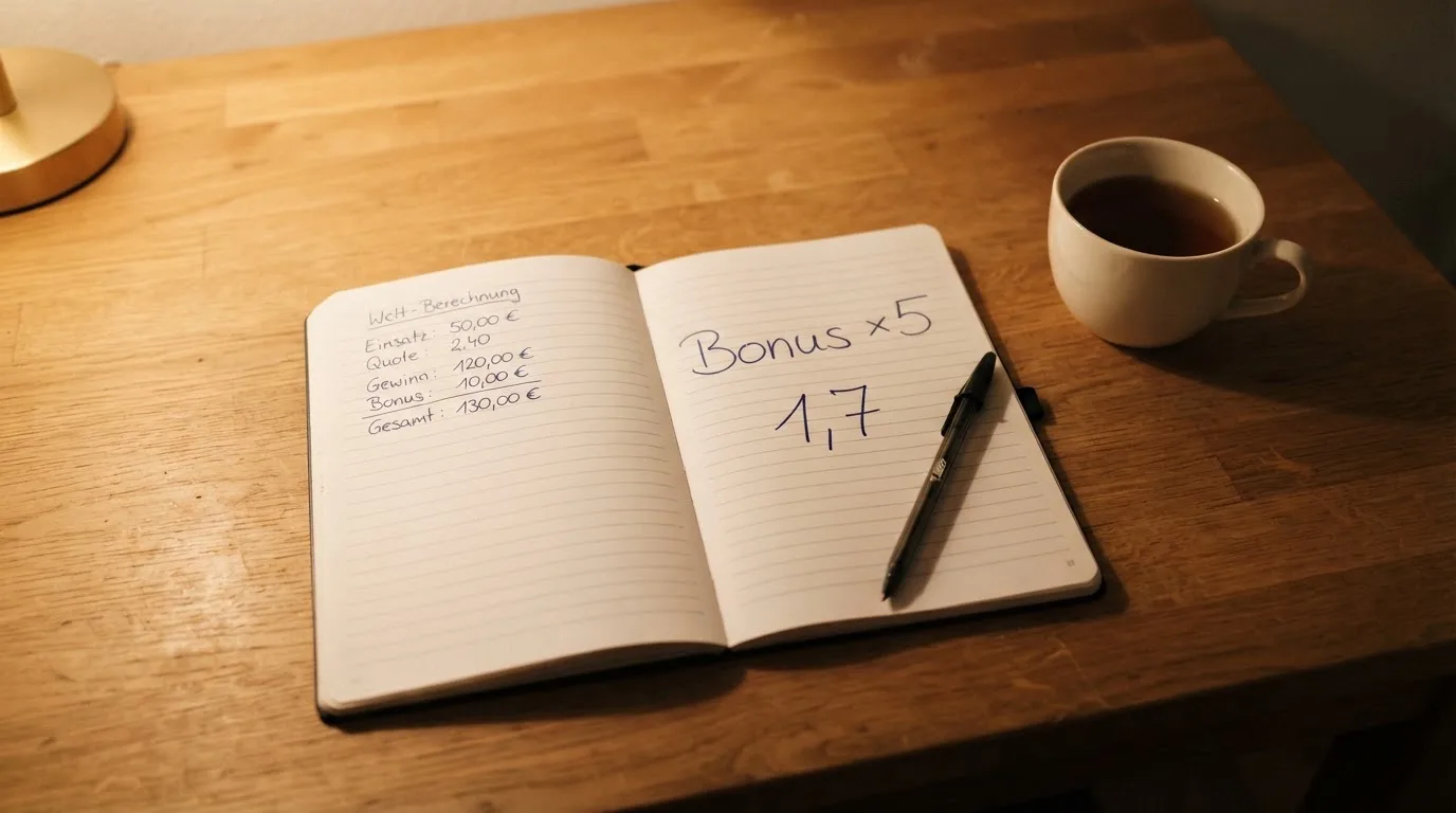 Ein Notizbuch mit handgeschriebenen Rechnungen und ein Taschenrechner auf einem Schreibtisch neben einer Teetasse.