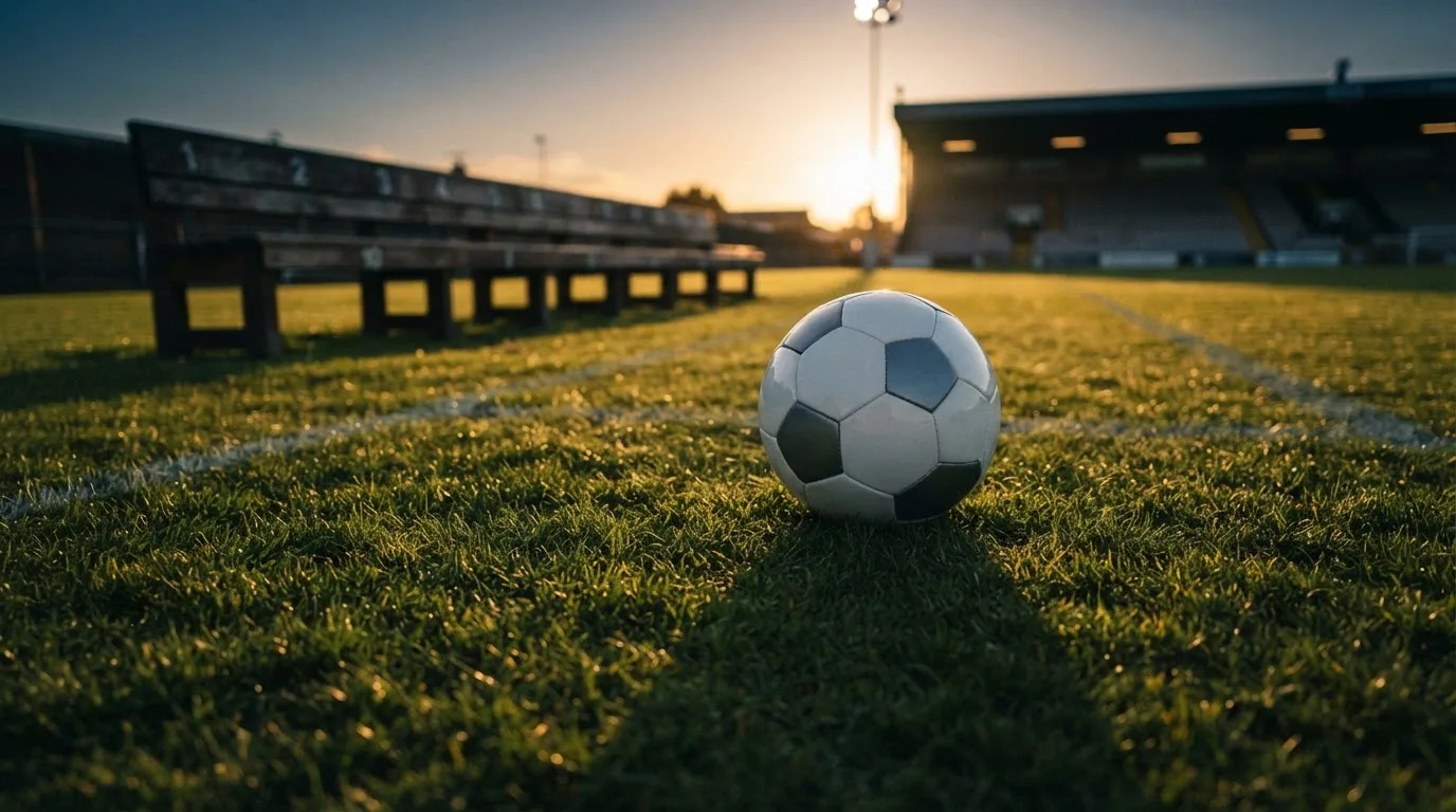 Ein Fußball auf einem Rasenplatz im Gegenlicht der tiefstehenden Sonne, am Rand eine leere Ersatzbank.