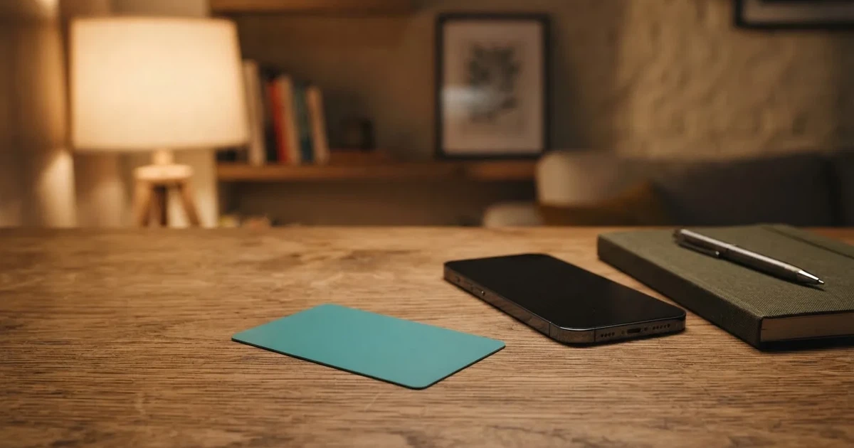 Eine Plastikkarte ohne Aufdruck liegt auf einem Holztisch neben einem Smartphone mit dunklem Bildschirm und einem Notizbuch.