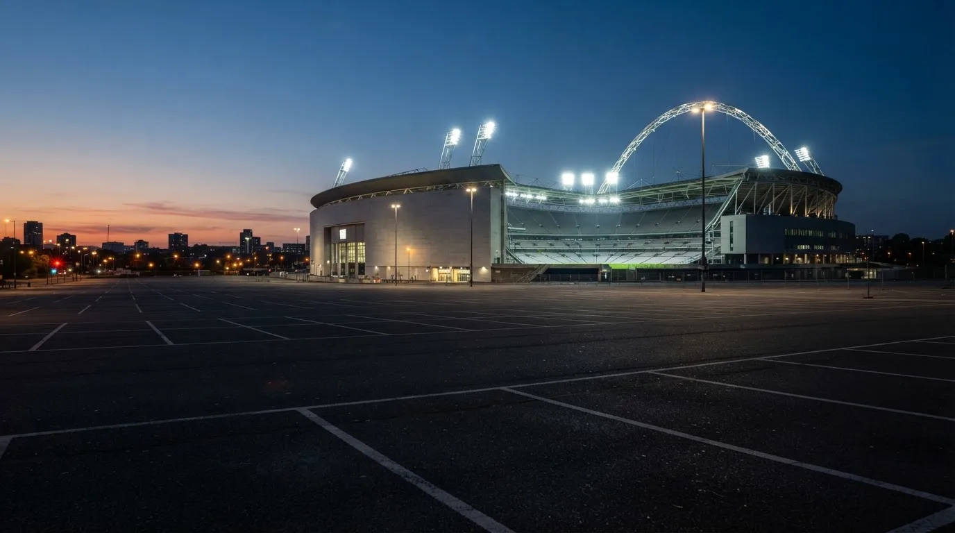 Ein Stadion unter Flutlicht aus der Ferne gesehen, davor ein leerer Parkplatz in der Dämmerung.