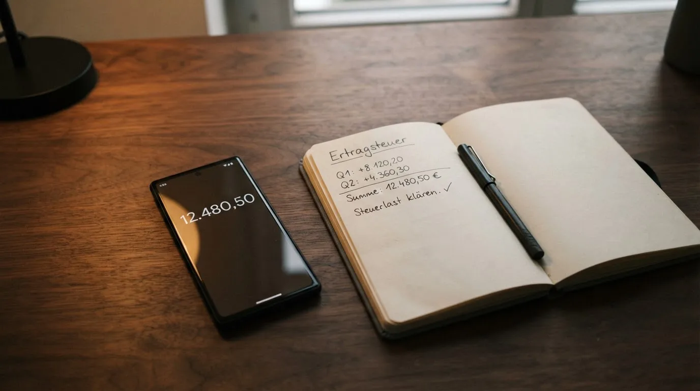 Eine einzelne Metallmünze liegt auf einem dunklen Schreibtisch neben einem Notizbuch und einem Stift.