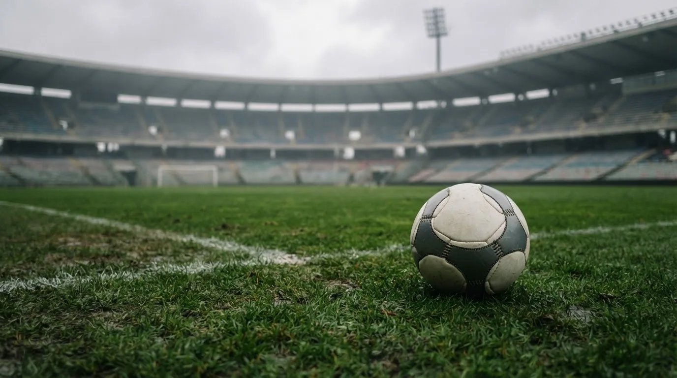 Ein Fußball auf einem Rasen, im Hintergrund ein leeres Stadion bei bewölktem Himmel.