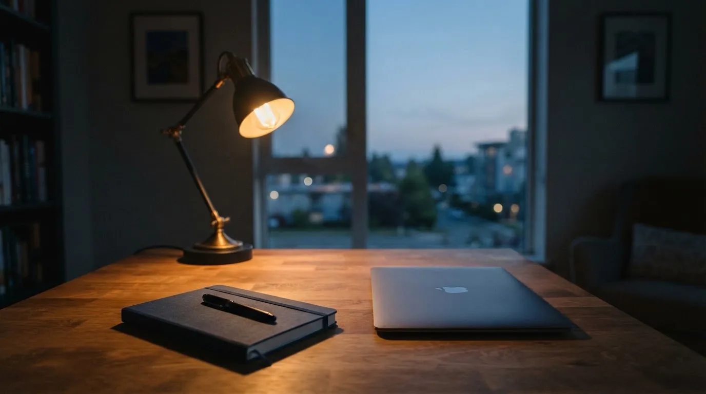 Ein Schreibtisch mit Lampe und geschlossenem Laptop in einem ruhigen Büro bei Abendlicht.