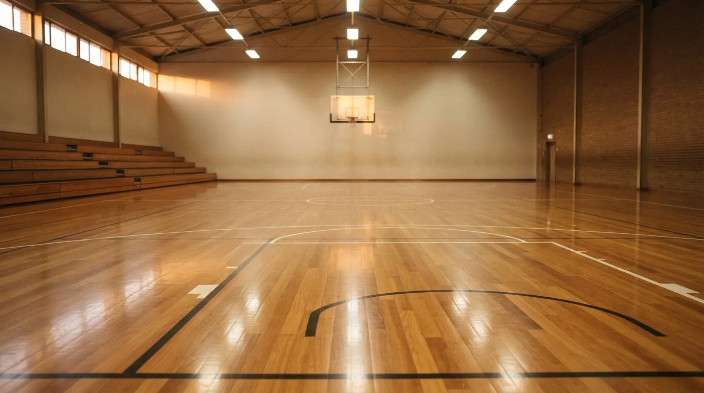 Ein Basketballfeld in einer leeren Halle, das Parkett spiegelt das Deckenlicht.