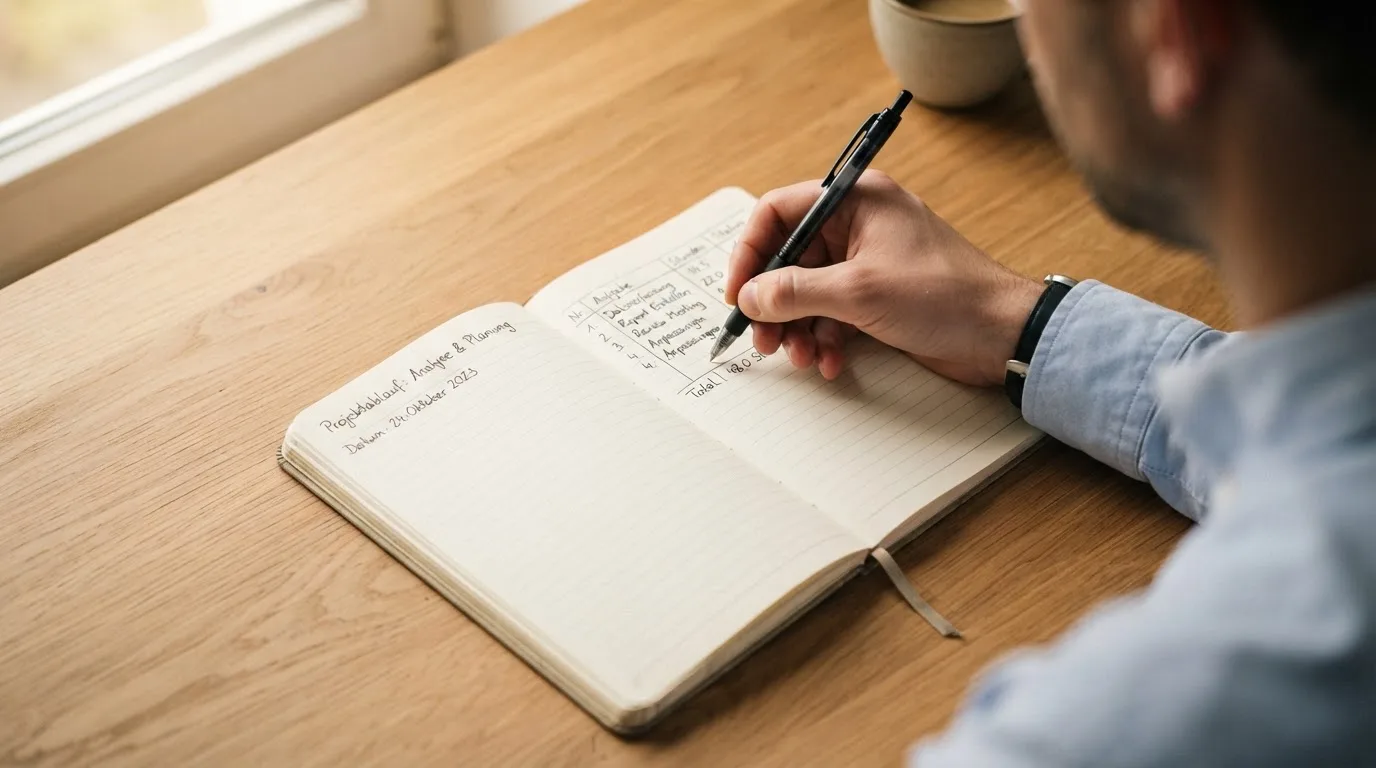 Ein Taschenrechner und ein Notizbuch mit handschriftlichen Zahlenreihen auf einem Schreibtisch neben einem Kugelschreiber.