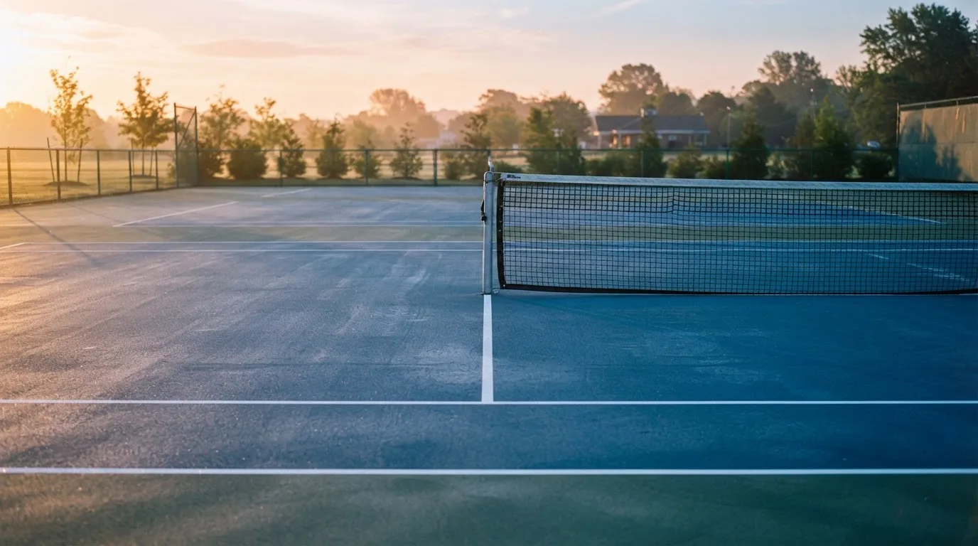 Ein Tennisplatz bei Sonnenaufgang, Netz und Linien im Streiflicht, ohne Menschen.