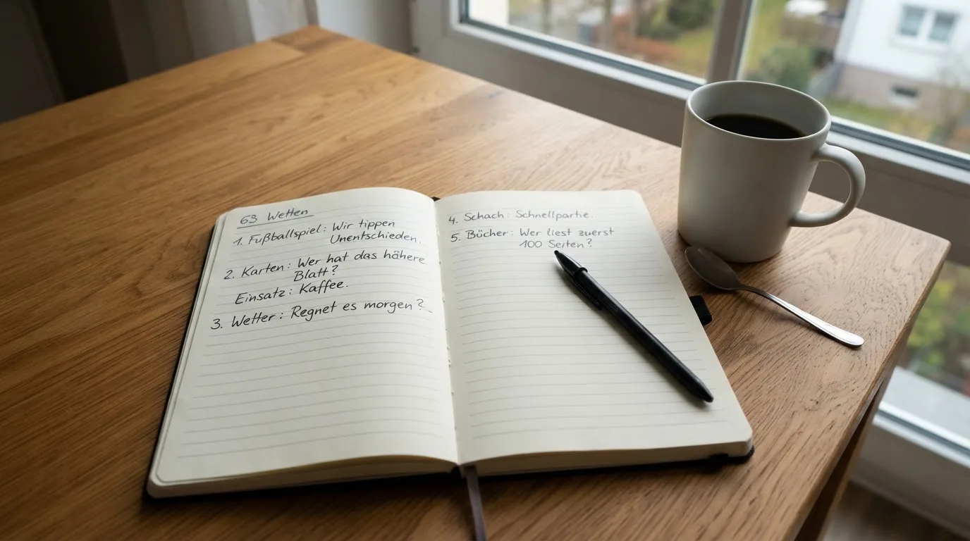Ein aufgeschlagenes leeres Notizbuch mit Kugelschreiber neben einer Tasse Kaffee auf einem Tisch am Fenster.