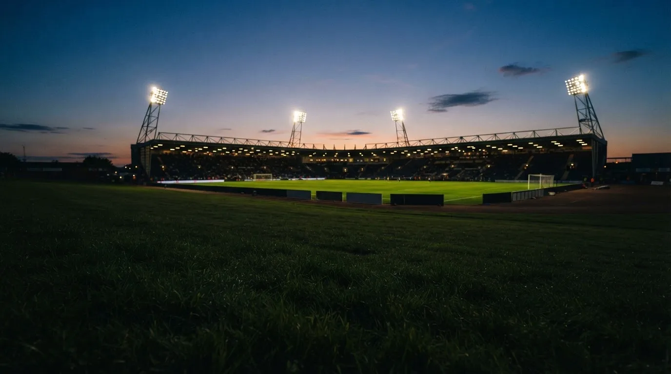 Ein Stadion unter Flutlicht aus der Ferne gesehen, im Vordergrund ein leeres Feld in der Dämmerung.