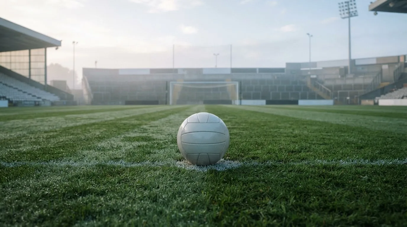 Ein Fußball liegt auf dem Anstoßpunkt eines leeren Rasenplatzes, im Hintergrund hängt Morgendunst über den Tribünen.